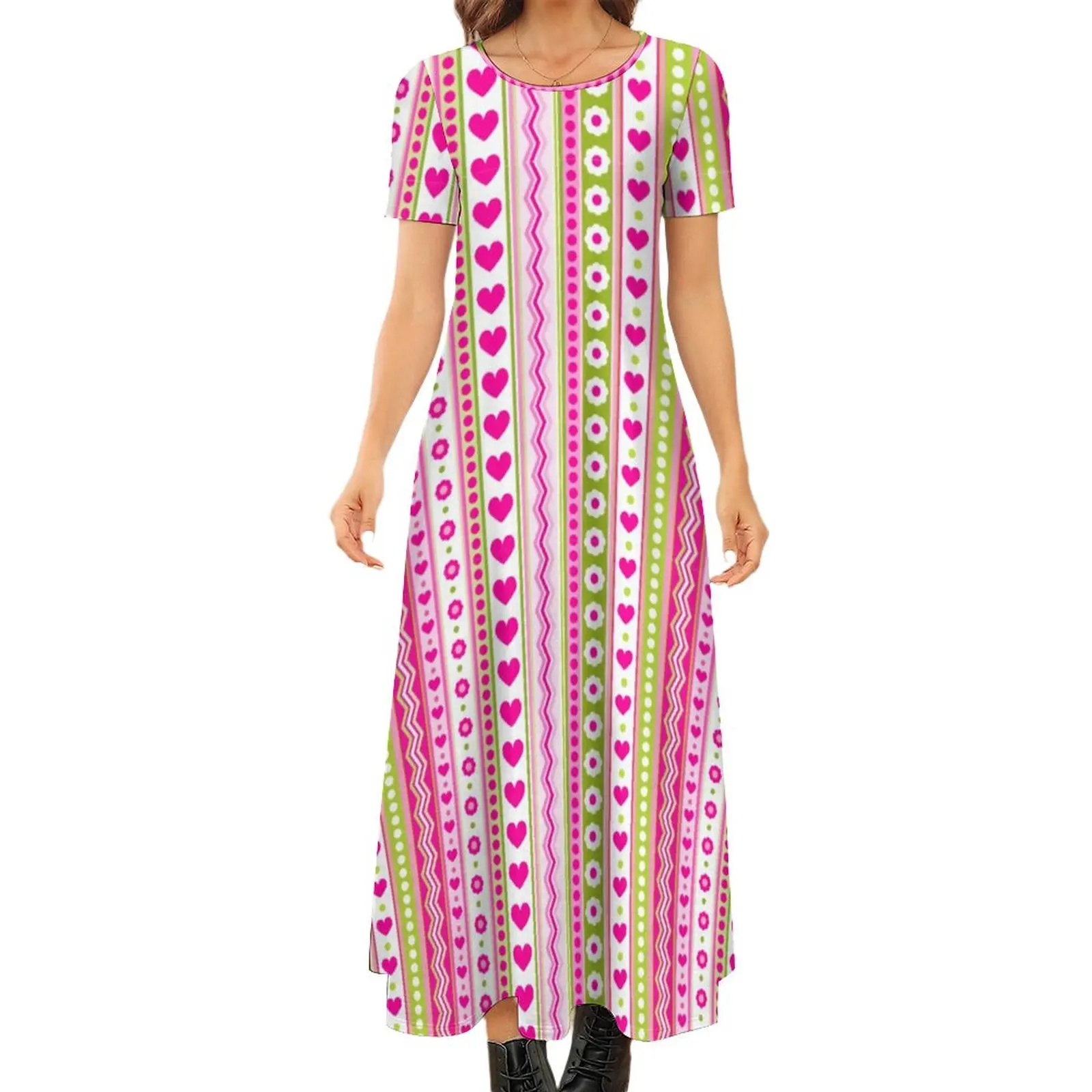 

Pink Dots And Stripes Dress Flowers Hearts Print Elegant Maxi Dress Street Wear Boho Beach Long Dresses Lady Oversized Vestidos