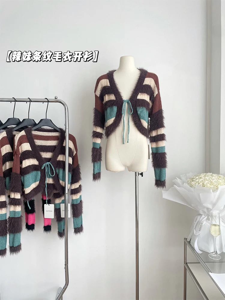 

Korean Autumn Women Harajuku Cardigans Single Breasted V-Neck Cozy Striped Sweater 2023 Knitted Fashion Casual Lace Up Outerwear