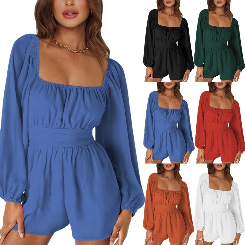

Solid Color Square Neck Jumpsuits Backless Romper Female Loose Streetwear 10CD