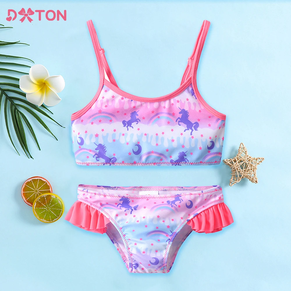 

DXTON Girls Swimwear Swimsuits Outfits Off Shoulder Crop Top Unicorn Print Clothes Set Girl Bikini Beachwear Bathing Suits