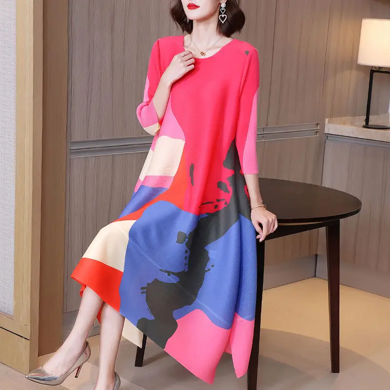 

Loose and thin split skirt contrasting printing casual fold dress 2022 spring fashion o neck three quarter sleeve dress female