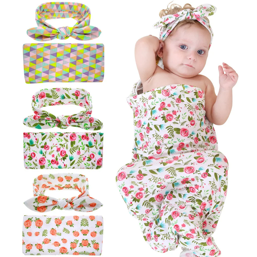 

Orange Rose Print Blanket for Newborn Swaddle Suit Baby Girl Boy Geometric Triangle Pattern Swaddle Wrap+headbands Two Piece Set