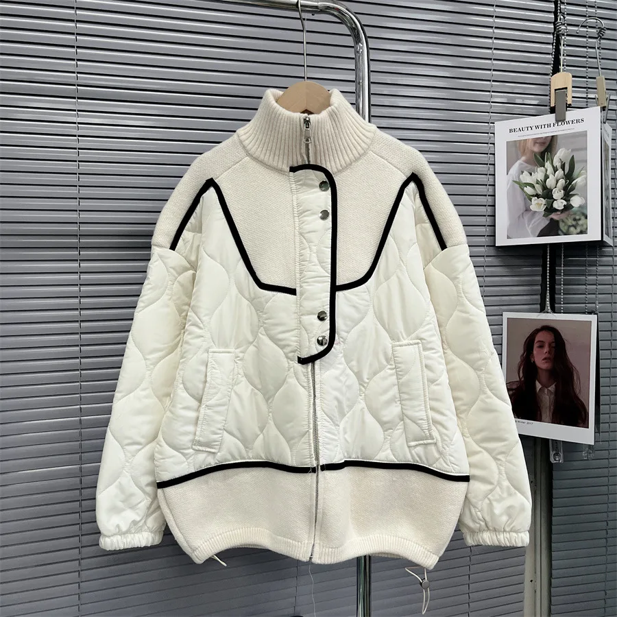 

SuperAen Autumn and Winter New Stand Collar Sweater Jacket Women's Korean Loose Oversize Color Contrast Splice Parka Coat