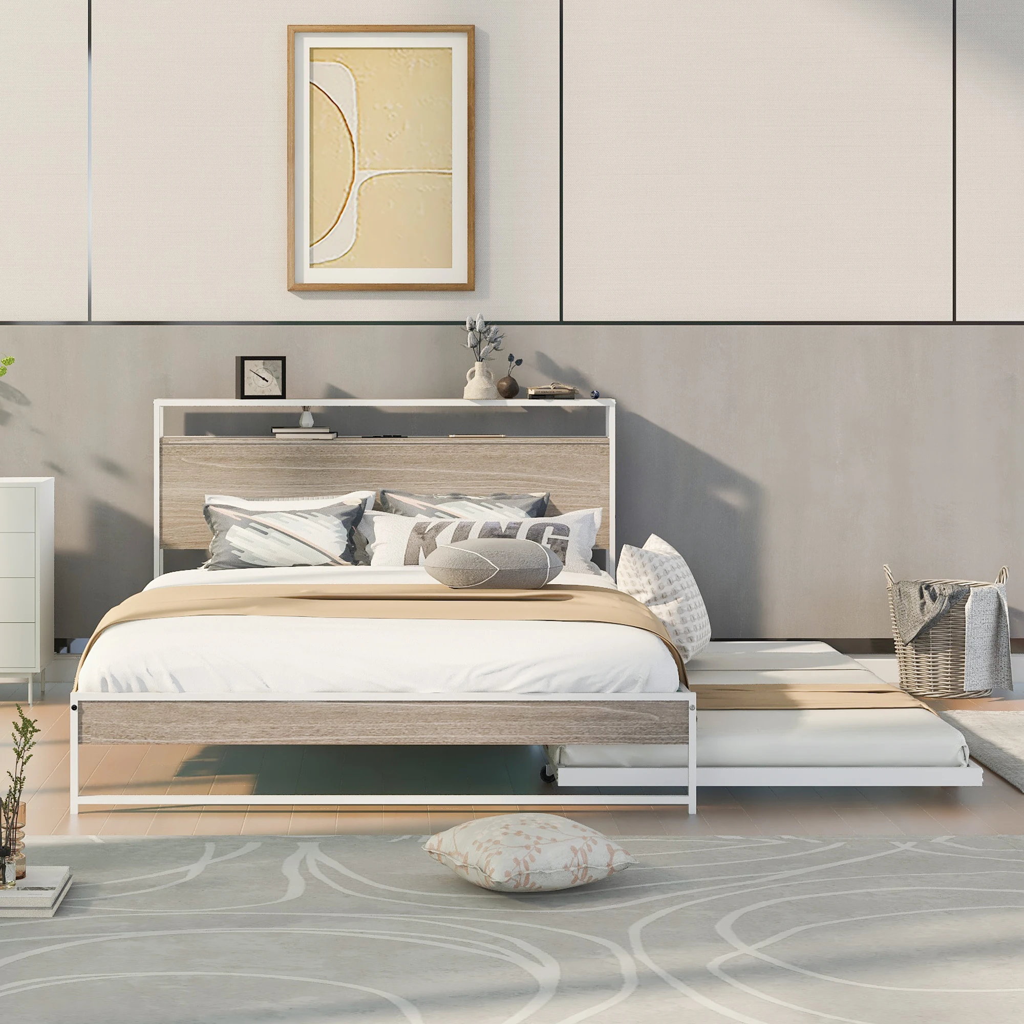 With Trundle And Outlet & Usb Ports Metal Platform Bed With Wooden Storage Headboard, Metal Panel Bed With With Shelf,