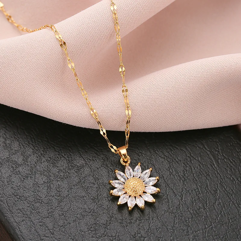 

Gold Plated Sunflower Necklace for Women Jewelry Titanium Steel Zircon Big Pendant Necklace Korea Luxury Chokers Earrings Set