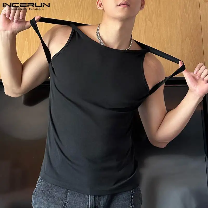 

2023 Men Tank Tops Solid Color O-neck Sleeveless Summer Hollow Out Vests Streetwear Fitness Fashion Men Clothing S-5XL INCERUN