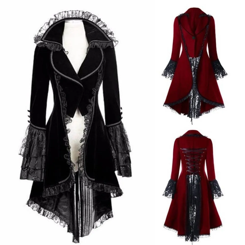 

Women Lace Trim Lace-up High Low Coat Black Steampunk Victorian Style Gothic Jacket Medieval Noble Court Dress Plus Size S-5XL