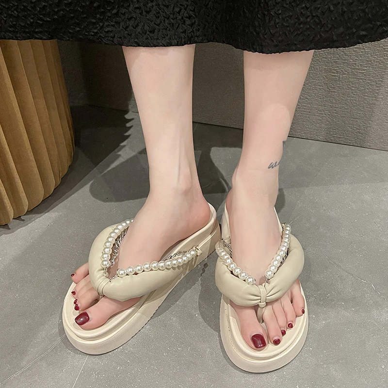 

Women Platform Slippers Fad String Bead Flip-flops Summer Flats Shoes 2022 New Sandals Outdoor Beach Dress Slides Women Shoes