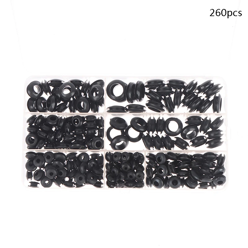 

260pcs/box Rubber Grommet Gasket Kits for Wire Cable Black Assortment Set