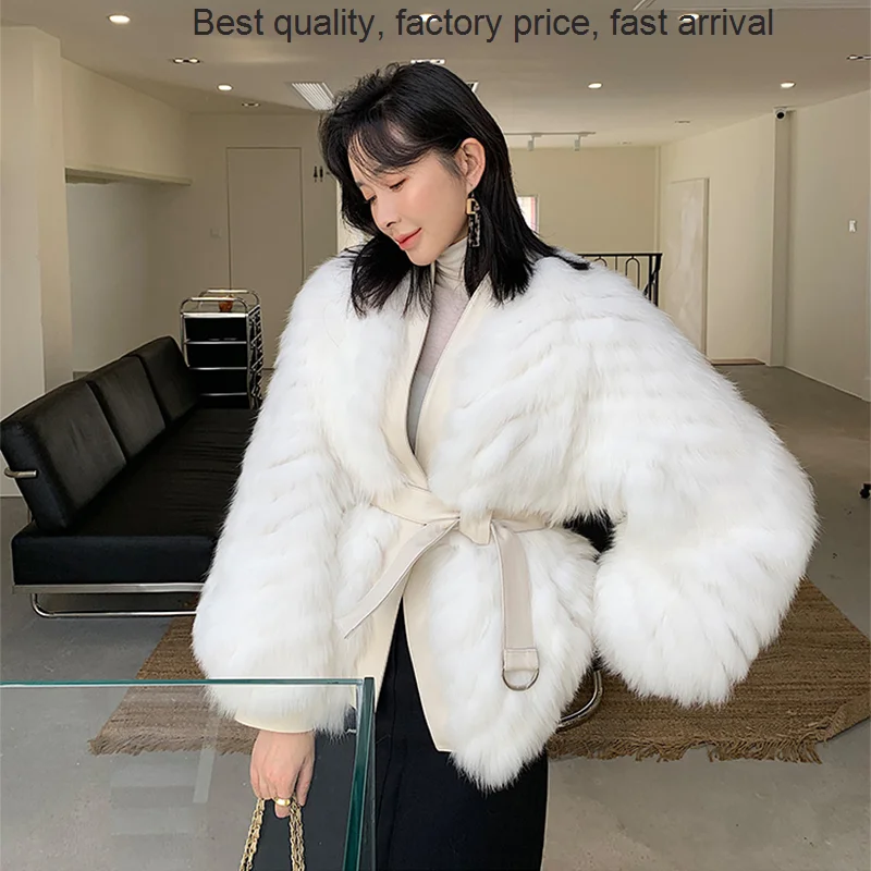 

Качественное роскошное Брендовое пальто из белой лисы, женское короткое зимнее высококачественное двухстороннее вязаное меховое пальто с поясом, приталенный силуэт-фонарик