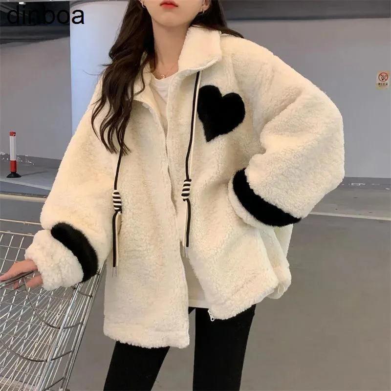 

Dinboa-women Sweatshirt Kawaii Harajuku Zipper Hoodie Faux Lamb Fleece Jacket Oversize White Pink Winter Warm Coat Ladies Y2k