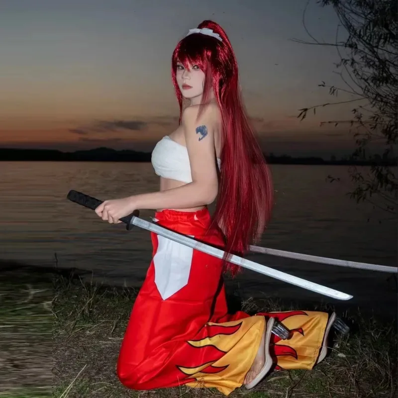 Фото 2025 иiyi аниме Fairy Tail Эрза Скарлет, карнавальный костюм, парик, татуировка, наклейка, топы, широкие брюки, женский карнавальный наряд на Хэллоуин №1
