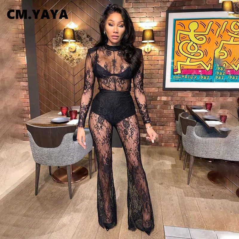 Сексуальное трикотажное Женское боди CM.YAYA с круглым вырезом черное кружевное
