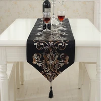 flocking black table runner for dining table narrow tablecloth coffee floral bed runner with tassel for wedding party decoration