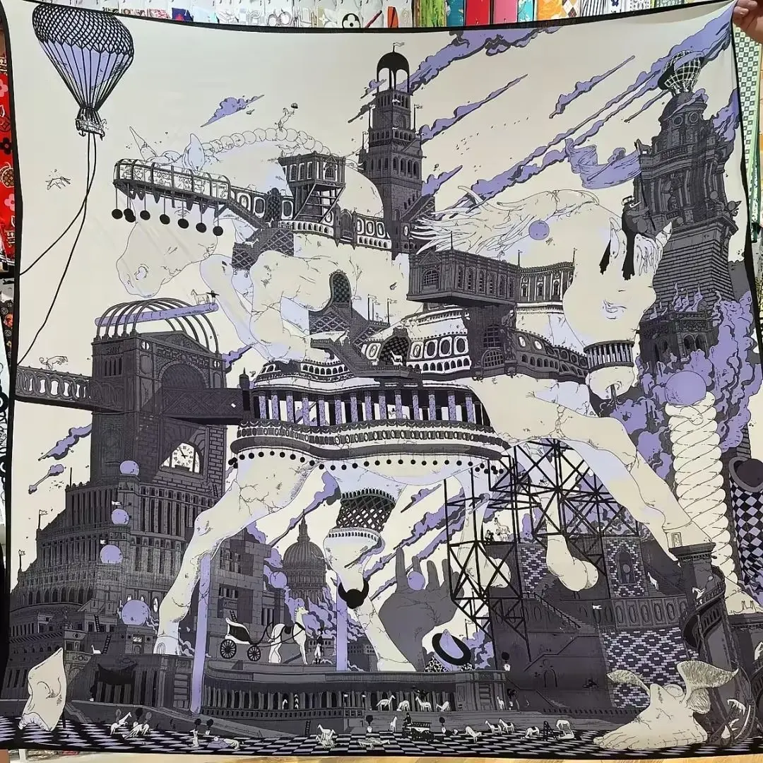 

Luxury Warm Cashmere and Silk Scarf Designer Luxury Brand Pashmina Shawls for Women Square Rolled Hem Foulards Horse Print 130CM