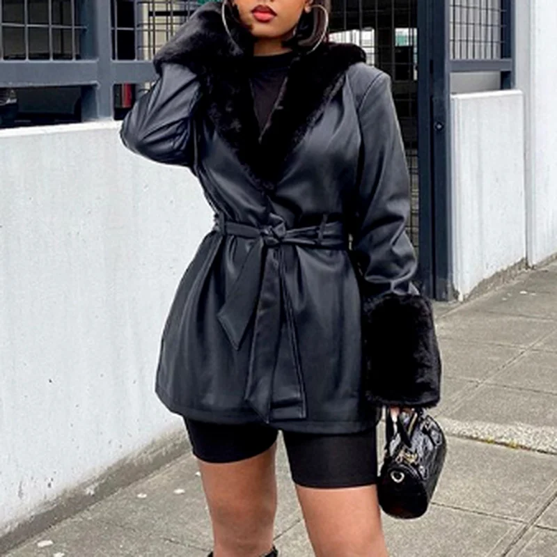 Fashion Parka Coat Fur Fur Collar Leather Ladies Loose Solid Color PU Leather Coat Ladies Elegant Lace-up Cotton Jacket Women
