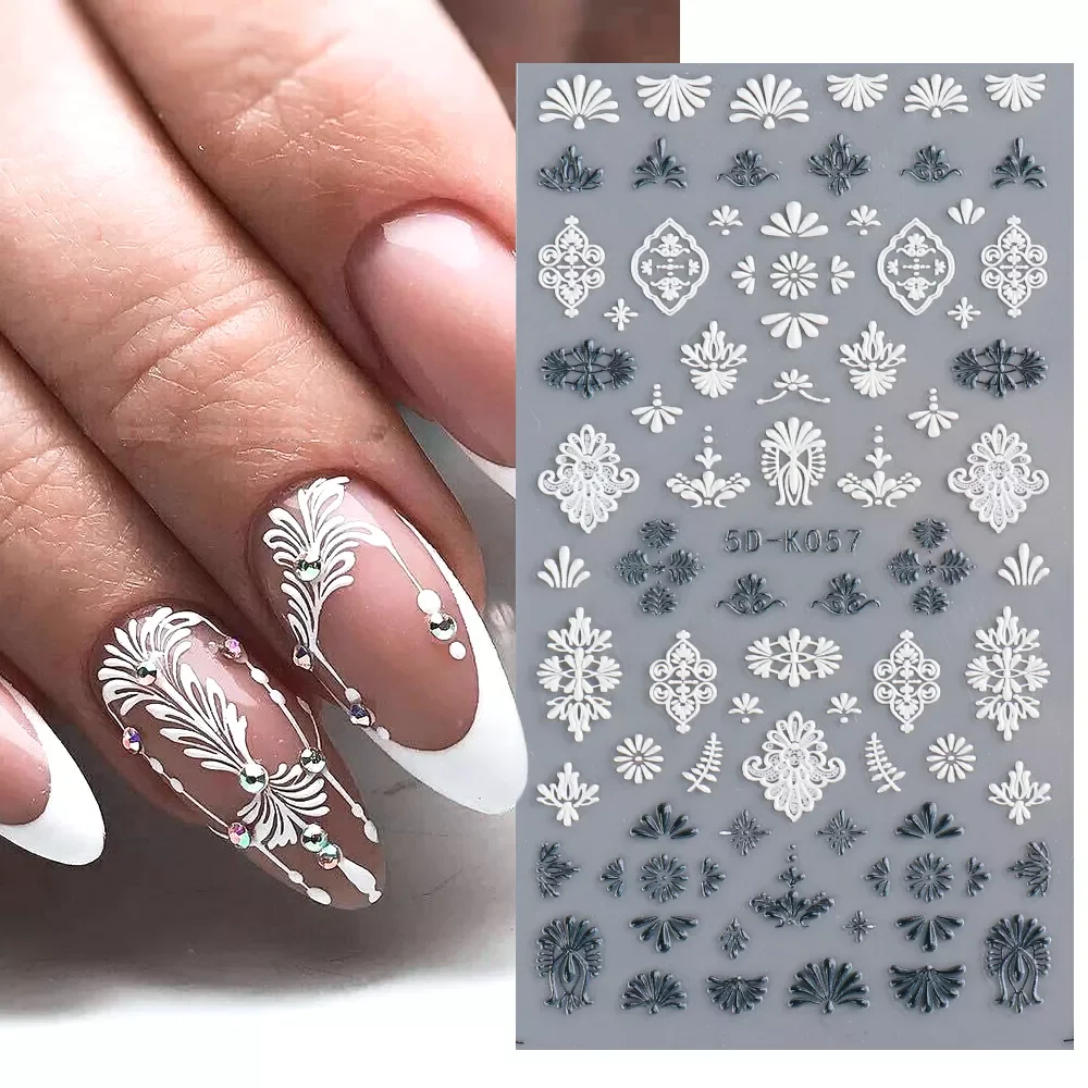 

NEW IN Acrylic Nail Sticker Engraved White Flower Sliders Embossed Lace Wedding Nail Art Design Monogram Decals Manicure GL5D-K-
