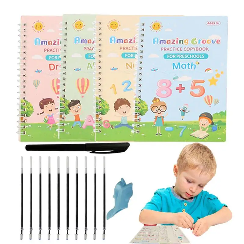 

Children Handwriting Workbook 4 Pieces Handwriting Ink Practice Copy Books With Pen Hold Aid Tool Preschools Tracing Book