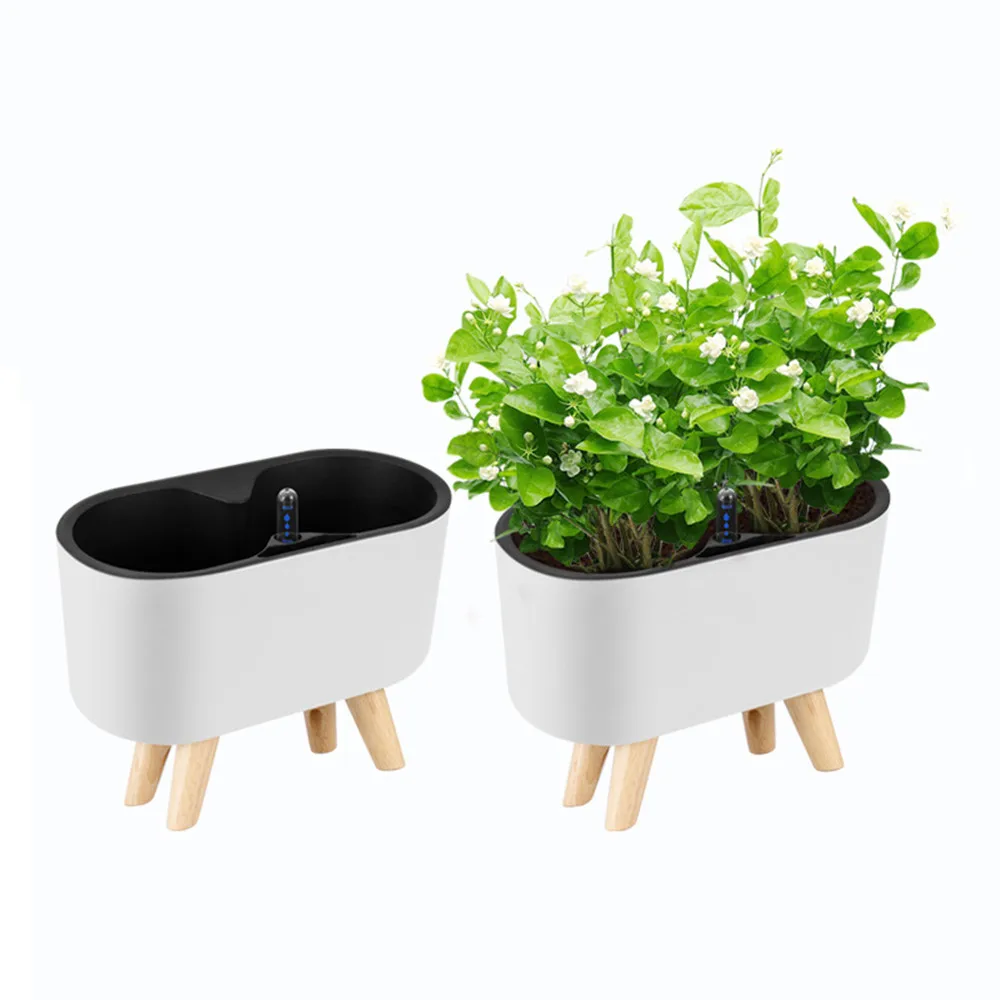 

2colors Automatic Self-Watering Plastic Plant Pot With Water Level Indicator Floor Table Flowerpot Planter With Wooden Bracket