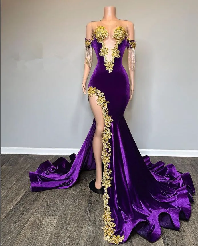 

Grape Purple Velvet Mermaid Evening Birthday Dresses Gold Applique Tassel Sheer Mesh Black Girl High Slit Prom Occasion Gown
