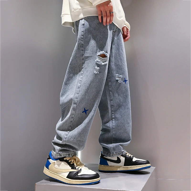Four Seasons Retro Hole Embroidered Jeans Men's Trend Straight Loose American Retro High Street Casual Pants Fashion Streetwear