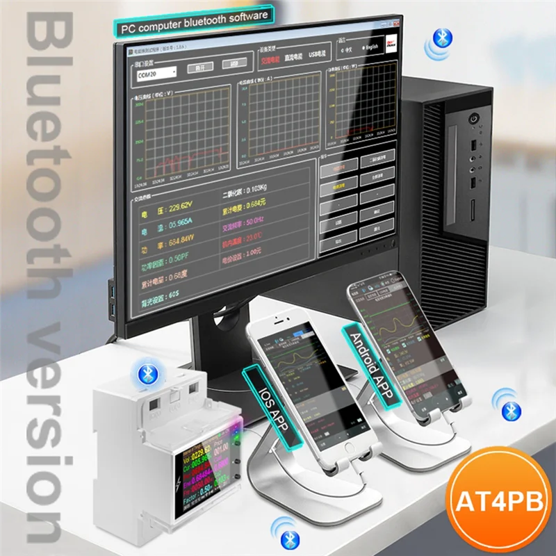 

Монитор переменного тока AT4PB на Din-рейку, 110 В, 220 В, а, коэффициент мощности, кВтч, измеритель частоты электроэнергии, Bluetooth
