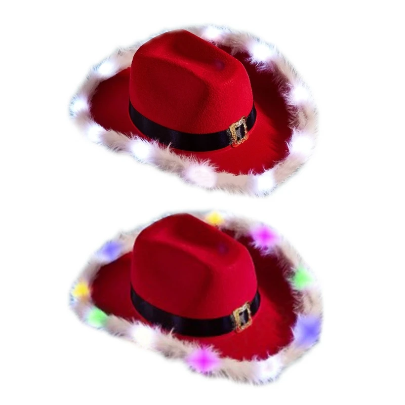 

Q1FA Christmas Cowgirl Hat Women Men Felt Cowboy Hats Party Sequins Christmas Style Top Bonnet Men Cosplay LED Light Hat