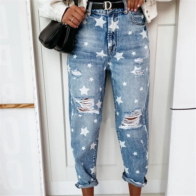 

Star Print High Waist Jeans Woman Holes Harem Pants Casual Baggy Denim Trousers Vintage Boyfriends Jean Mujer Mom Denim Pants