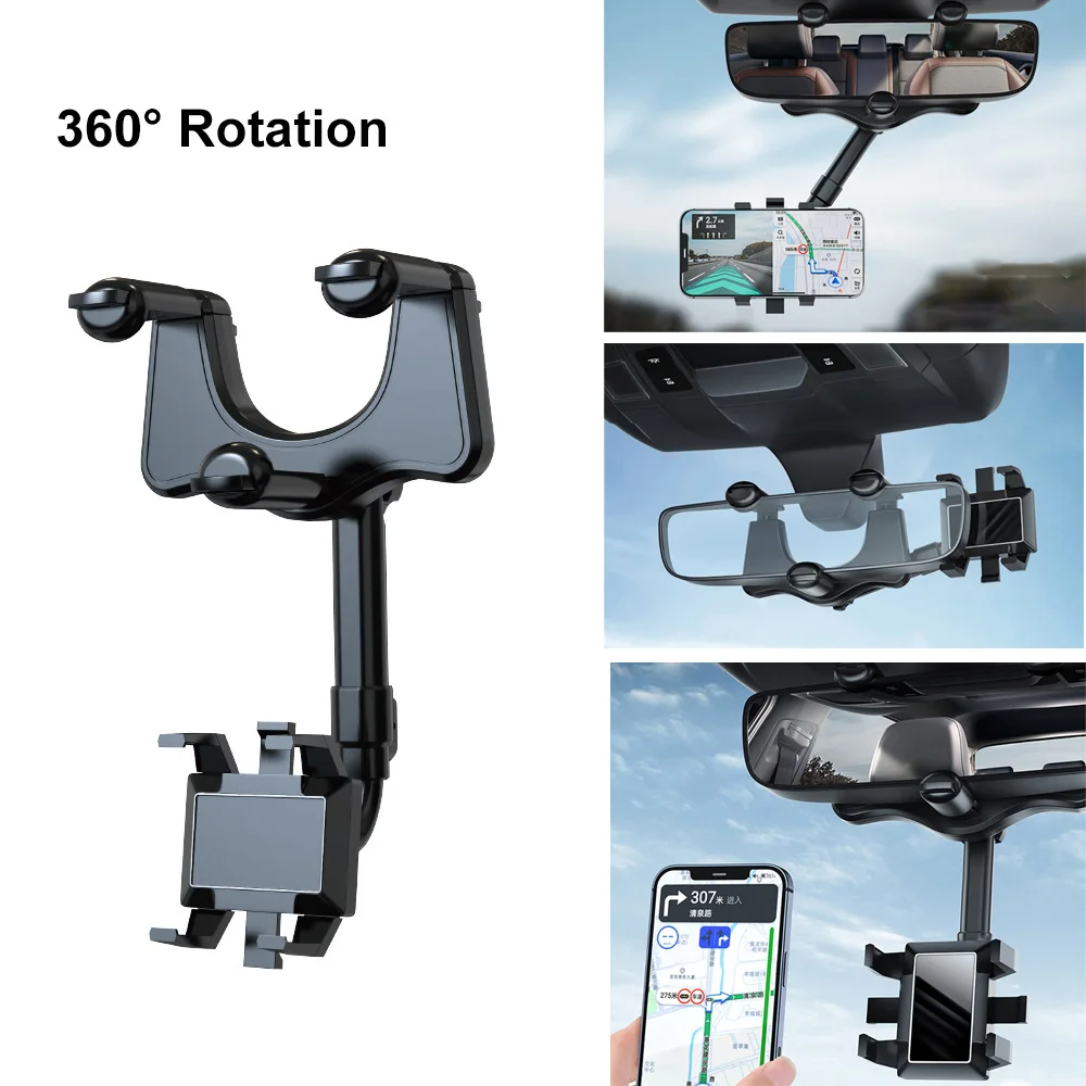 

360° Car Rearview Mirror Mount Phone Holder Universal Vehicle Mount Phone GPS Holder Rotating Adjustable Telescopic Phone Holder