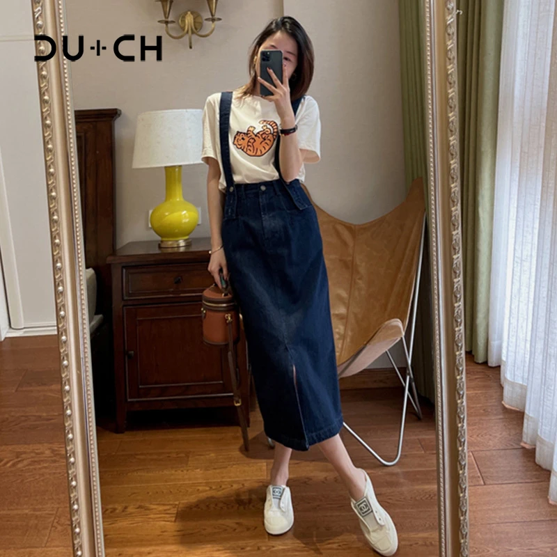 Long Denim Skirt With Straps Women 