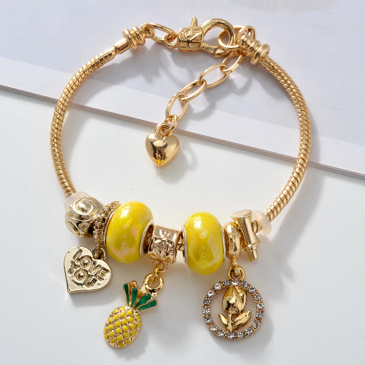 Браслет Pandora из нержавеющей стали золотого цвета браслет с зеленым цирконом