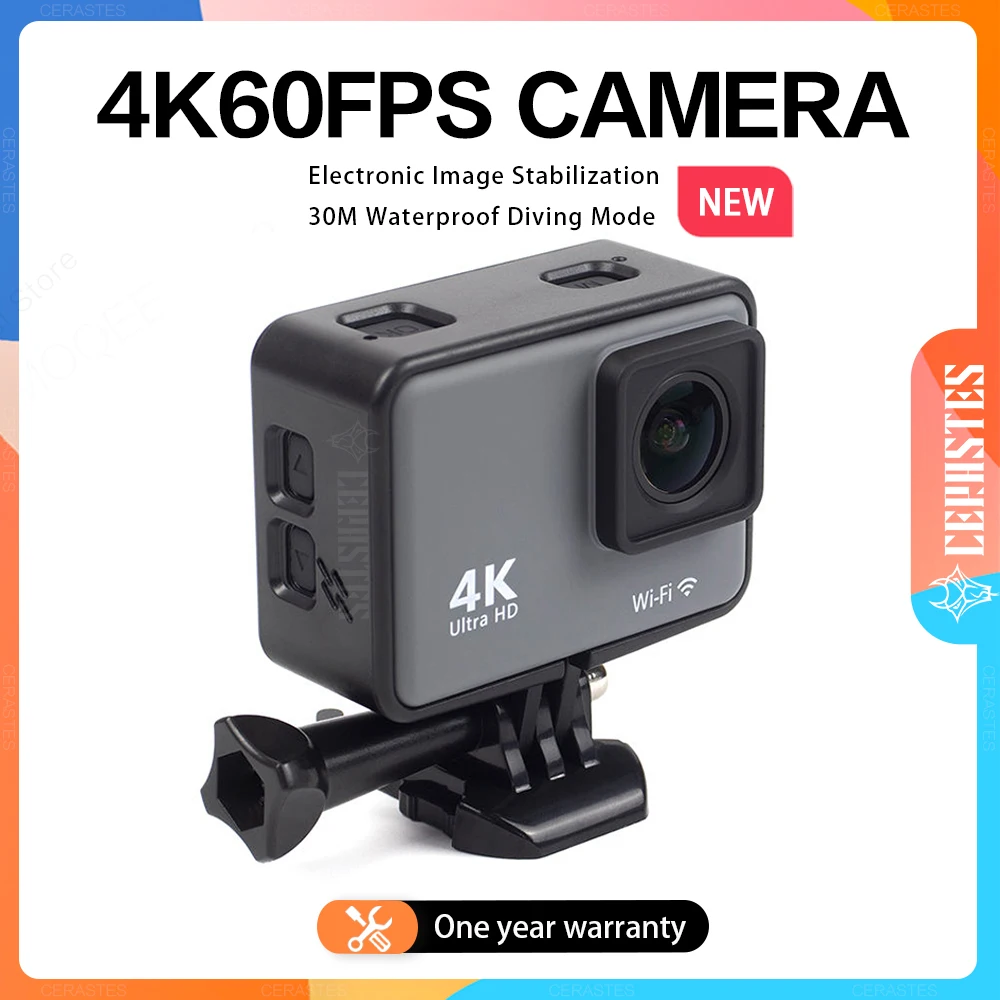 CERASTES Action Camera 4K60FPS with wifi remote control, electronic image stabilization, suitable for diving and outdoor sports.