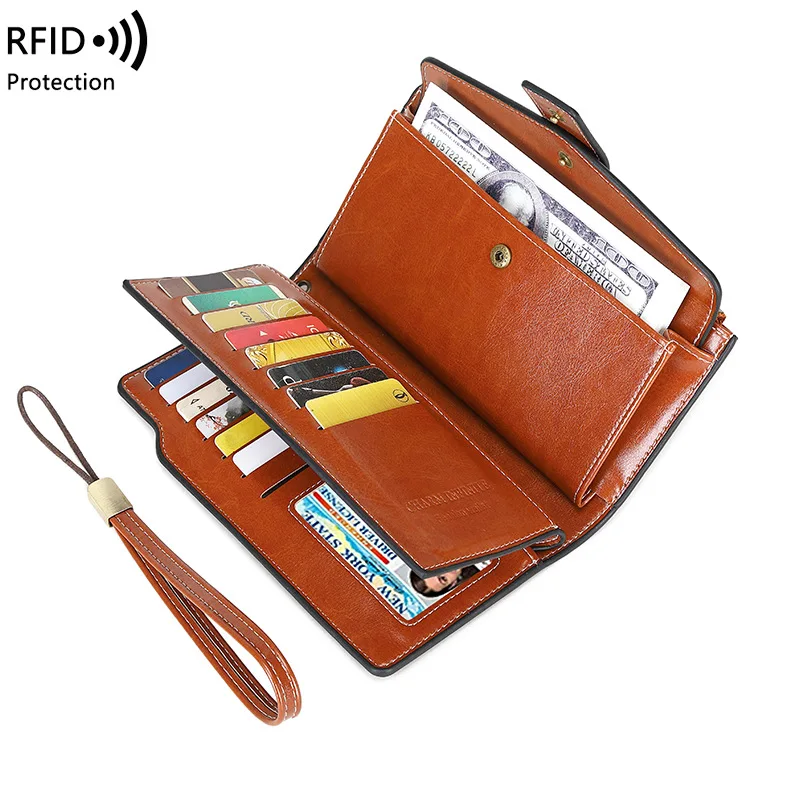 Rfidanti-theft Swiping Women's Wallet Long Oil Wax Leather Retro Wallet European And American Large-capacity Handbag Coin Purse