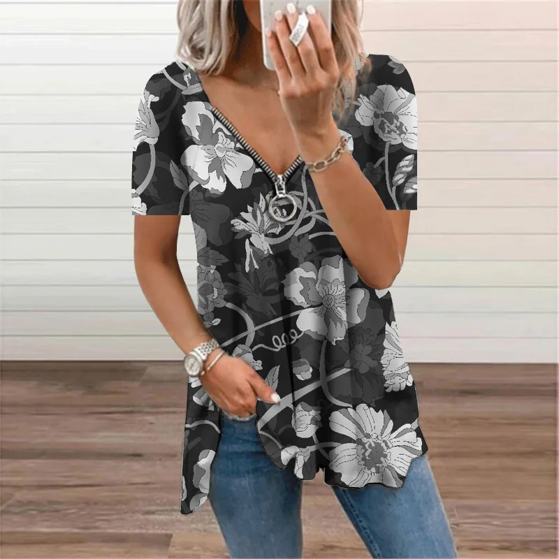 

Zipper Floral Print Long Sleeve T-Shirt Woman Clothing 2022 Autumn Vintage Casual Vneck Top Tee Shirt Oversize Loose Tunic Ladie