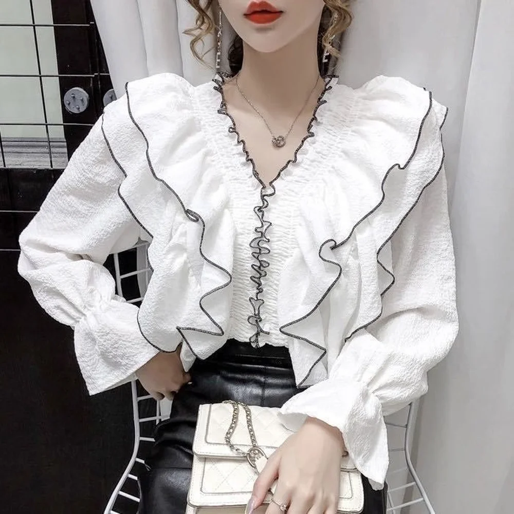 

Spring Fashion Blusas Women Casual Ruffles Bell Sleeve White Pink Black Office V Neck Shirts Newest Ladies Long Sleeve Blouses