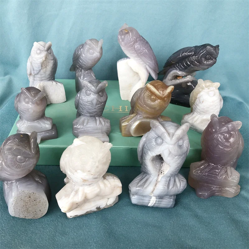 

Wholesale Natural Agate Geode Owl Figurine Hand Carved Quartz Crystal Cluster Owl Healing Crystal Stone Crafts Home Decoration