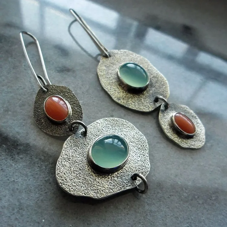 2023New Bohemian Mintcream Chalcedony Artificial Coral Earrings Asymmetric Vintage Thai Silver Earrings Earrings