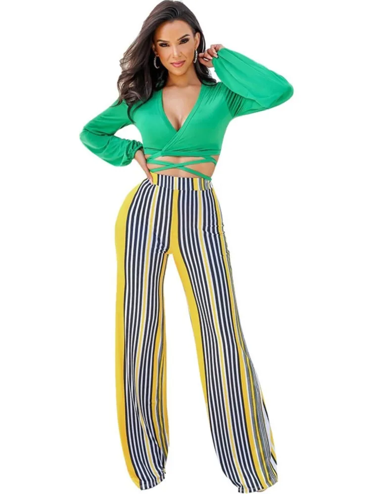 

Women Two Piece Set Bandage Hollow Crop Top And Striped Pant Suits 2022 Autumn Fashion New Streetwear Sexy Matching Set Outfits