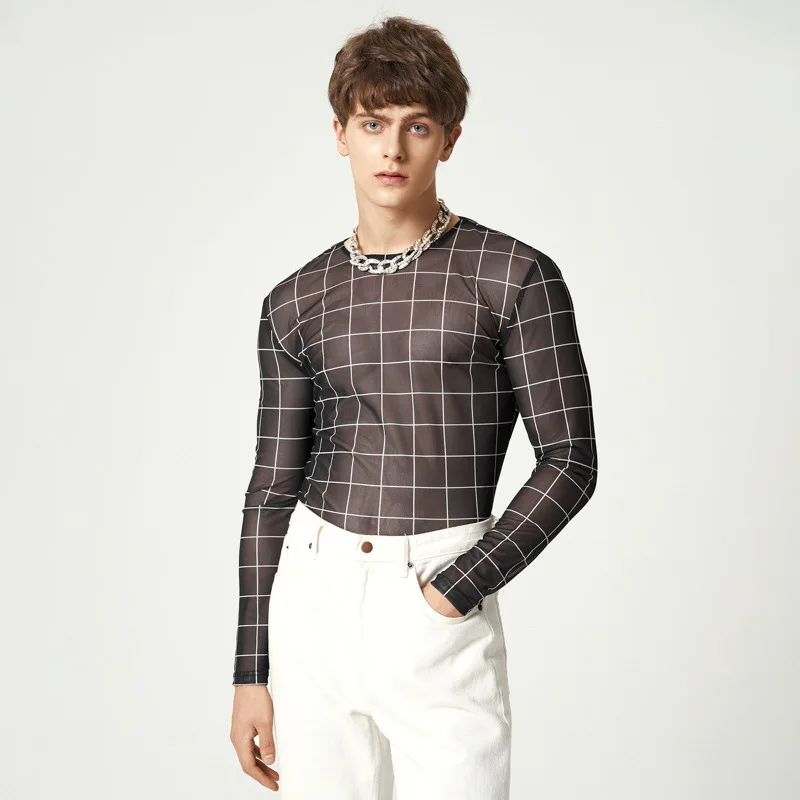 

New Thin T-shirt with Perspective Mesh Screen Print Sexy Tight-fitting Bottom Shirt for Men