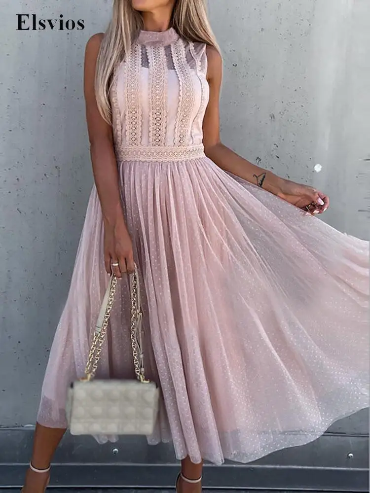 

Summer Fashion Patchwork Mesh Lace Dress Lady Elegant Slim O Neck Party Beach Dresses Women Sexy Sleeveless Long Dress Vestidos