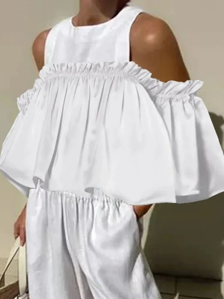Свободная Женская футболка свободного кроя с открытыми плечами и оборками