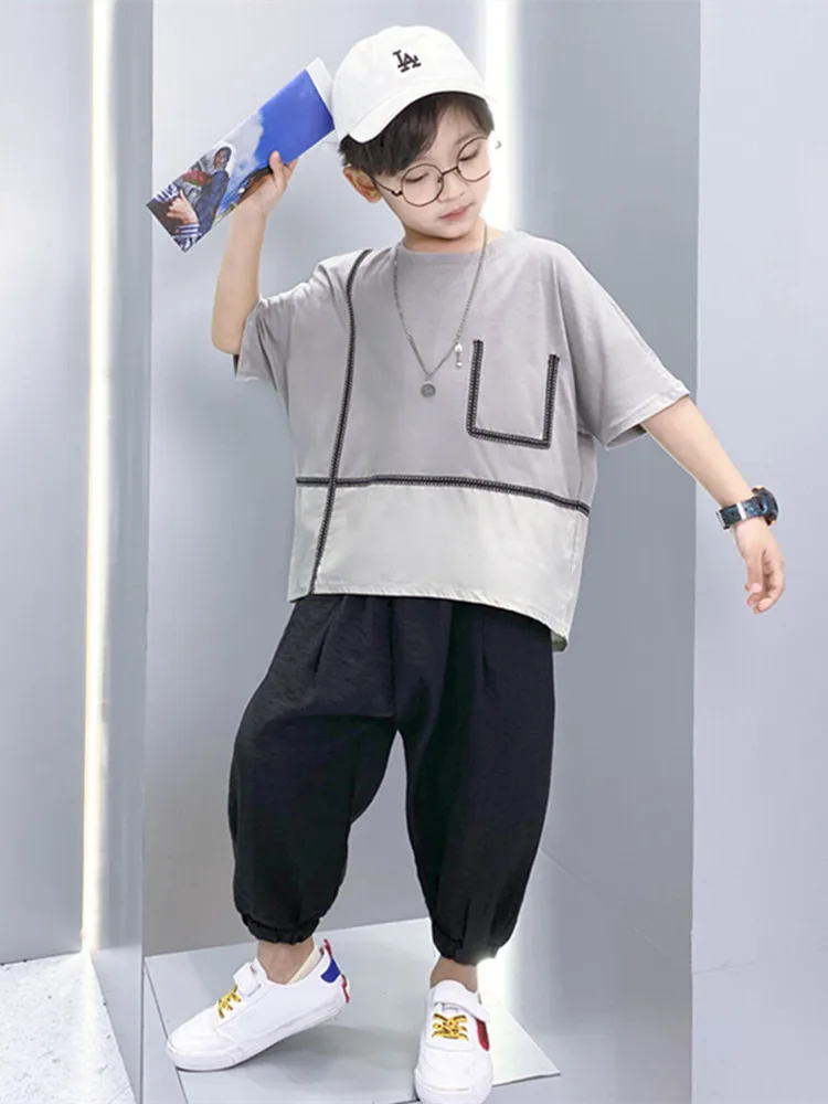 Children Casual Clothes Kids Black Bloomers Pant Set Boy Fashion Striped Sewing Design Short Sleeve Tops Suit Teen Loose T-Shirt