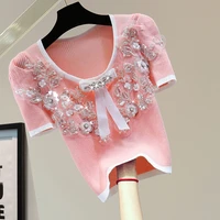 bow diamond puff sleeve t shirt 2022 summer korean style flower bead high waist short knitting tshirt fashion lady knitwear tee