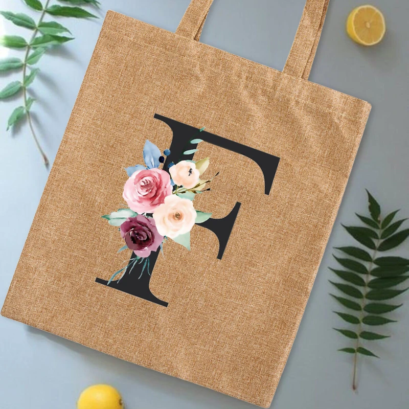Women Linen Shopping Bag Casual Large-capacity Letter Initial Name Pattern Printed Canvas Shoulder Reusable Tote |