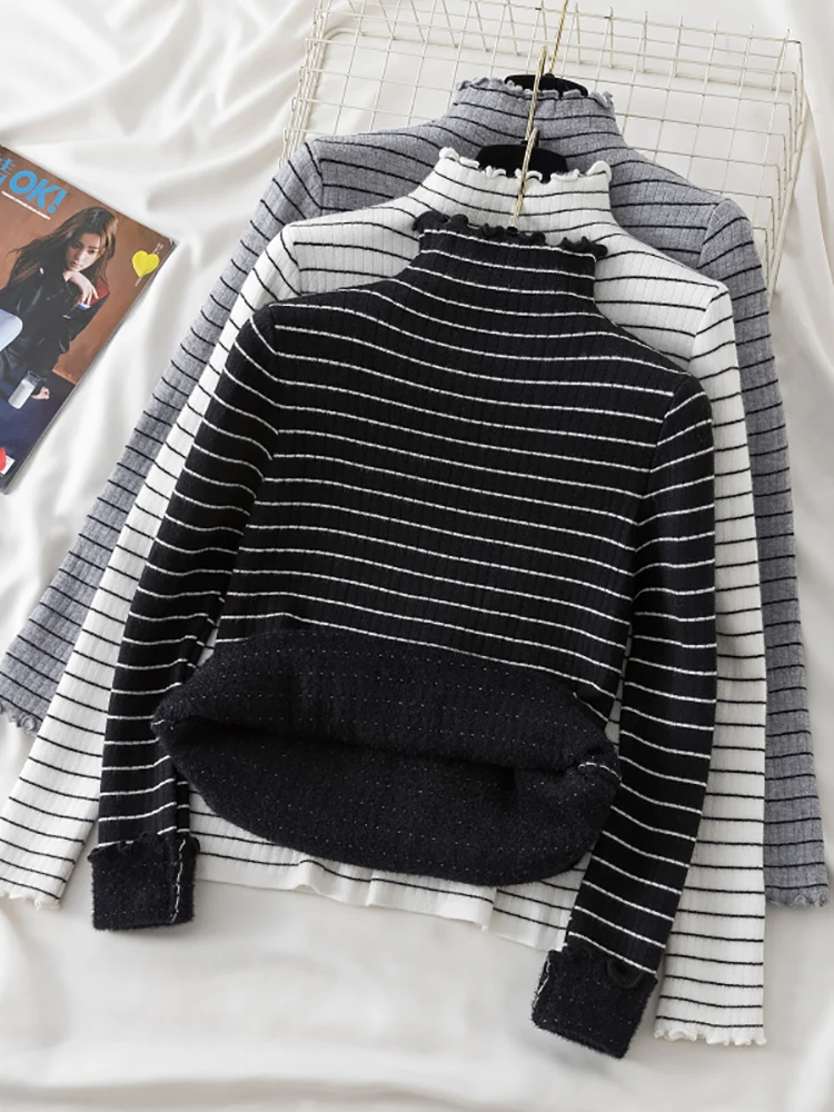 

Stripe Korean Turtleneck Slim Thicken Plus Velvet Sweater Woman 2022 Winter Knitted Pullovers Fleece Lined Warm Knitwear Tops