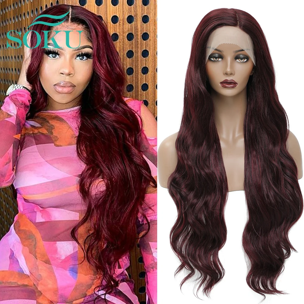 

Synthetic Wigs Lace Front 99J Burgundy Lace Wig SOKU L Part Heat Resist Fiber Soft Long Wavy 30 Inch Hair Wig For Black Women
