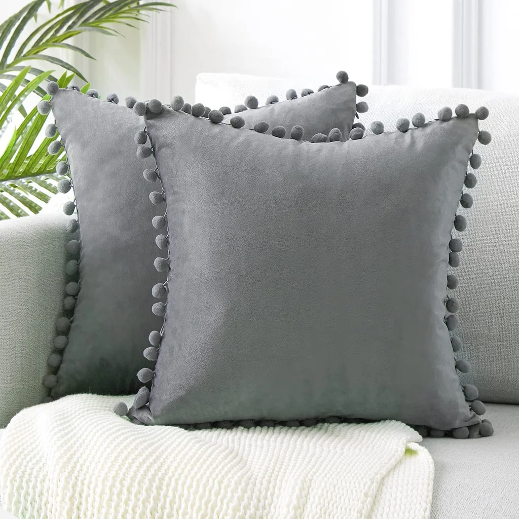 Decorative Throw Pillow Covers for Couch Bed Soft Particles Velvet Solid Cushion Covers with Pom-poms Grey