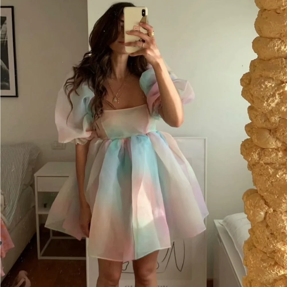 

2022 Summer Holiday Tie Dye Colored Organza Rainbow Ball Gown Dress Puff Sleeve Retro Women’s Swing Short Dresses Fairy Vestidos