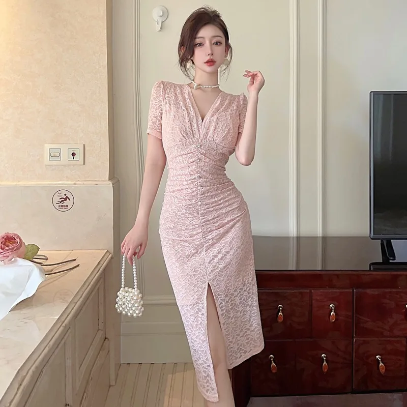 

Celebrity Sexy Pink Lace Dress Elegant Ladies Short Sleeves V-neck Split Bodycon Midi Dresses Summer Fashion Vestidos De Mujer