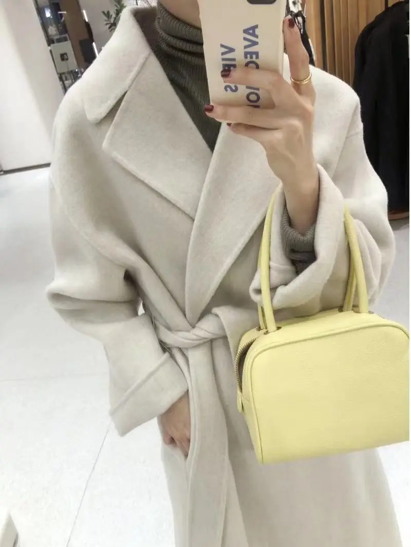 

Новинка 2022, женское элегантное длинное шерстяное пальто с поясом, однотонная верхняя одежда с длинным рукавом, Женское пальто